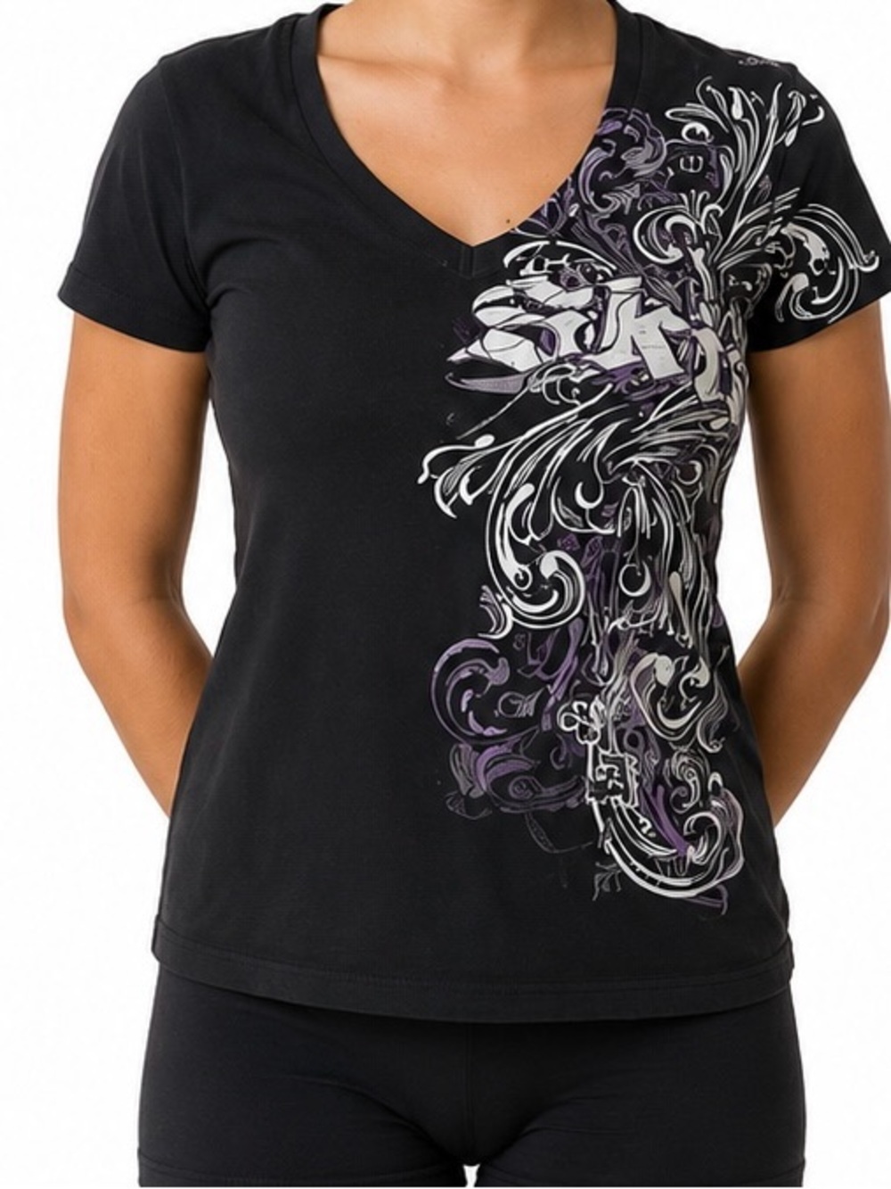 Skin Black V-Neck Tee with Purple and White Swirl Graphic